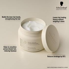Creamy BlondMe mask texture ready for deep conditioning of blonde hair.