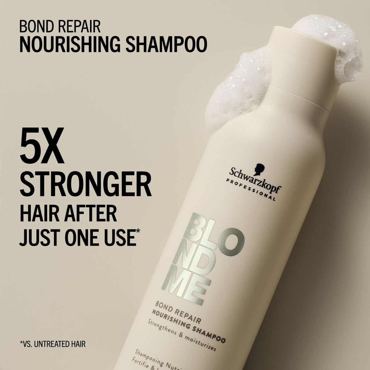 BLONDME Bond Repair Nourishing Shampoo close-up on hair highlights shine and resilience.