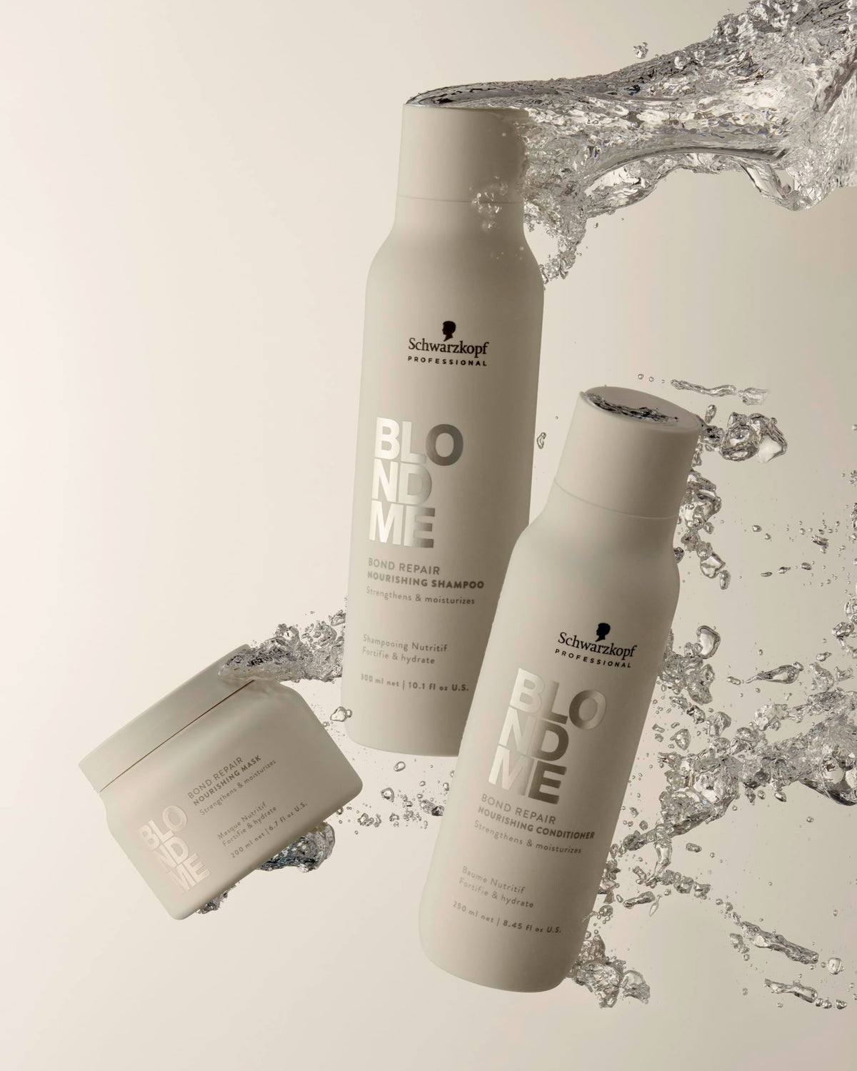 BLONDME Bond Repair Nourishing Shampoo salon-display suggests professional-grade care at home.