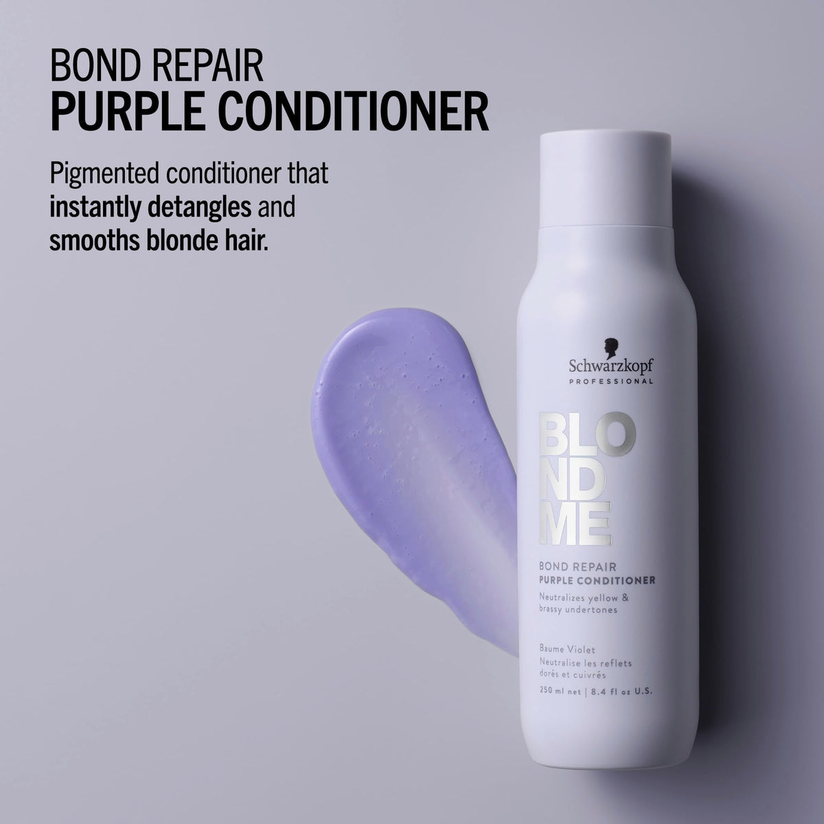 Close-up of purple pigments neutralizing yellow in BlondMe conditioner.
