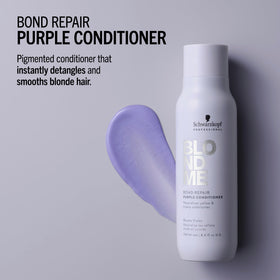 Close-up of purple pigments neutralizing yellow in BlondMe conditioner.