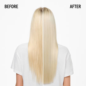Hair being smoothed and detangled with BlondMe purple conditioner.