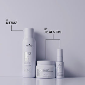 Lifestyle shot showing salon-like care at home with BlondMe conditioner.