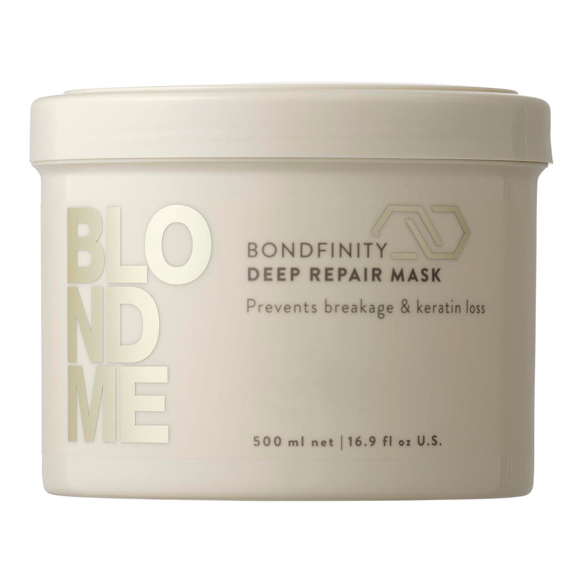BlondMe Bondfinity Deep Repair Mask bottle delivers salon-grade care for stronger blonde hair.