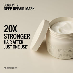 BlondMe Bondfinity Deep Repair Mask packaging close-up highlights premium salon-grade treatment for at-home use.