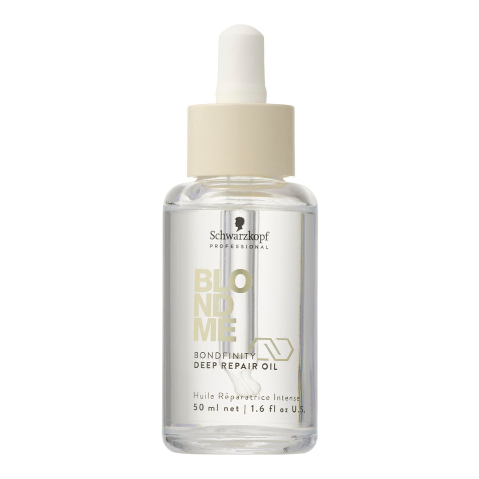 BlondMe Bondfinity Deep Repair Oil bottle showcases frizz control for blond hair.
