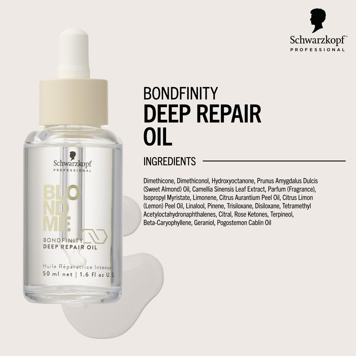 Hands applying BlondMe Bondfinity Deep Repair Oil for smooth, manageable hair.