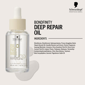 Hands applying BlondMe Bondfinity Deep Repair Oil for smooth, manageable hair.
