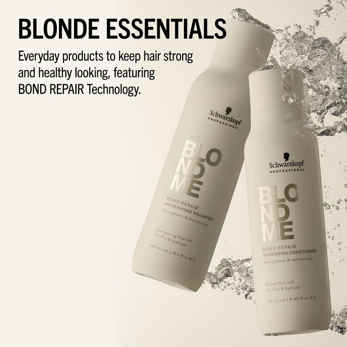 Close-up of BlondMe bottle beside towel highlighting hydrated, shiny blonde results.
