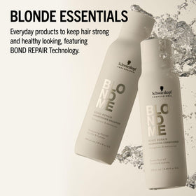 Close-up of BlondMe bottle beside towel highlighting hydrated, shiny blonde results.