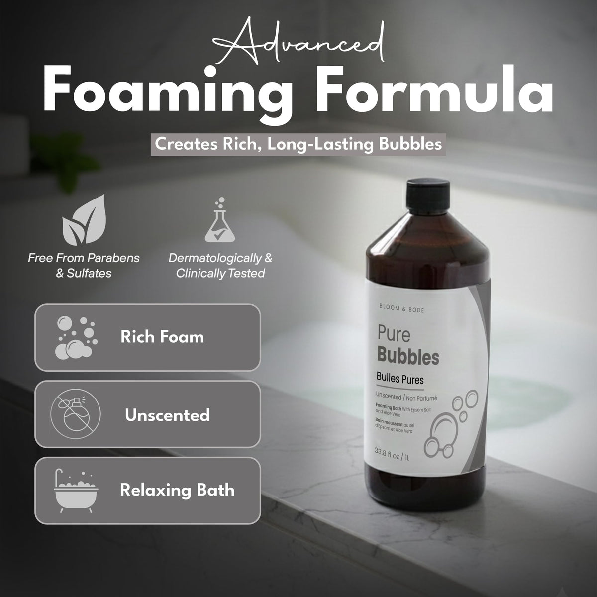 Bloom & Bōde foamy bath bubbles in tub showing long-lasting lather for a relaxing soak.