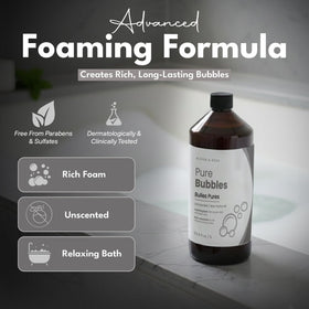 Bloom & Bōde foamy bath bubbles in tub showing long-lasting lather for a relaxing soak.