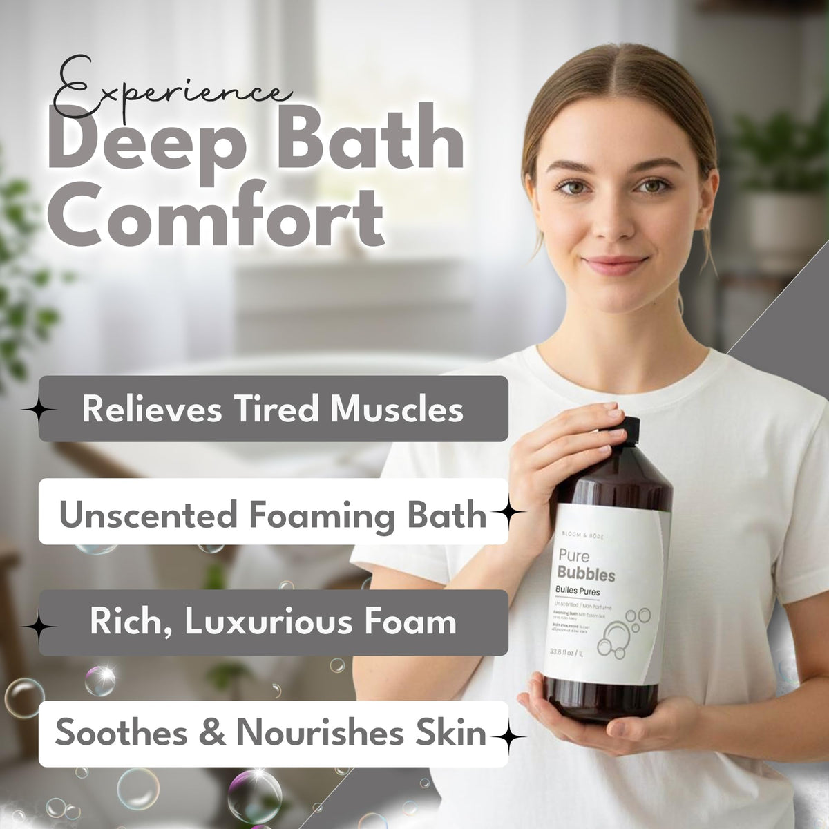 Bloom & Bōde Pure Bubbles label highlighting fragrance-free formula for sensitive skin care.