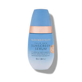 Bloomeffects Tulip Dew Sunscreen Serum bottle showcasing mineral SPF 50.