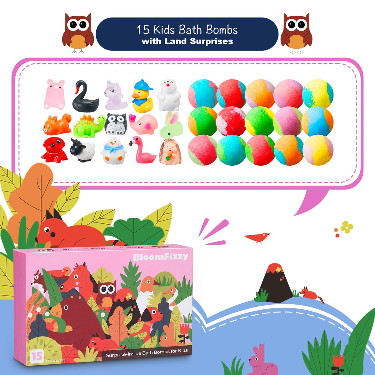 BloomFizzy 15 scented bath bombs in a bright display for sensory play.