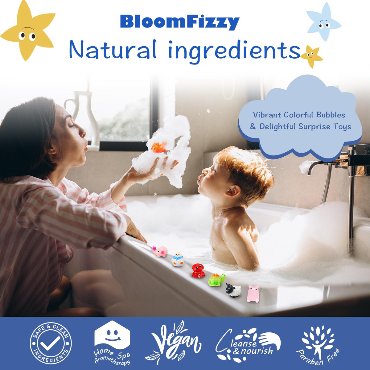 BloomFizzy bath bombs use gentle, hypoallergenic ingredients for sensitive skin.
