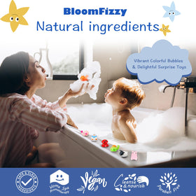 BloomFizzy bath bombs use gentle, hypoallergenic ingredients for sensitive skin.