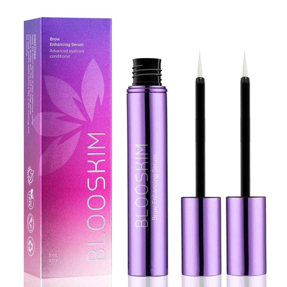 Blooskim Eyebrow Growth Serum bottle with precision brush for daily use.