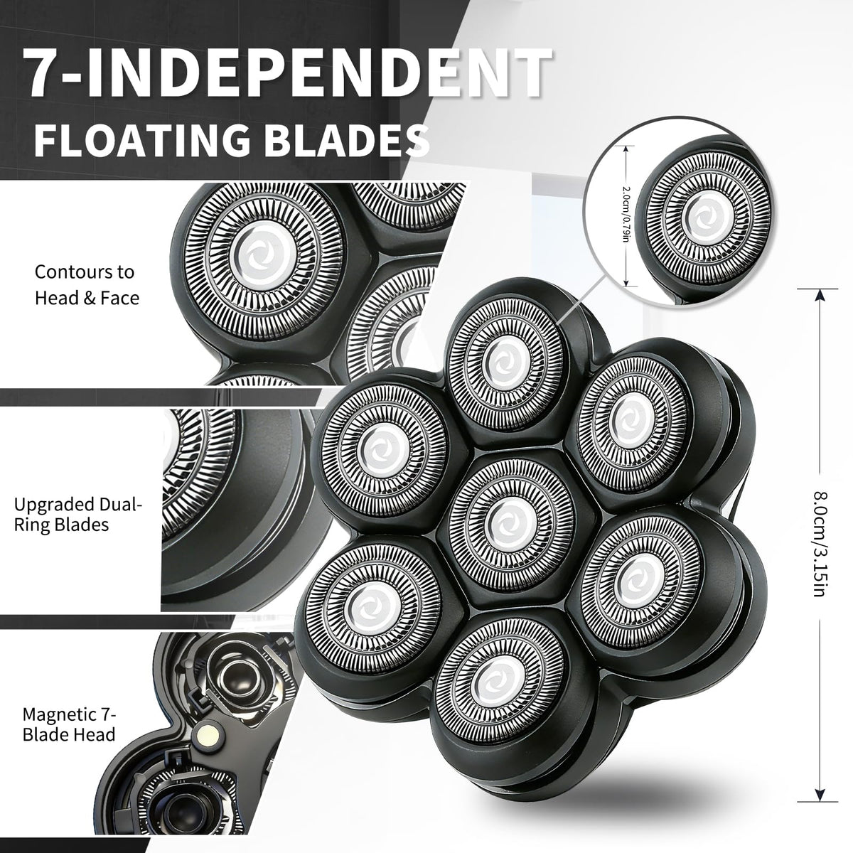 BlotMS magnetic 7-blade head showcases compatibility with many shavers.