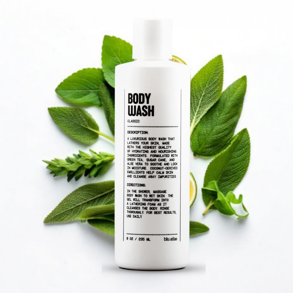 Blu Atlas Body Wash bottle top view, showing sulfate-free formula for all skin types