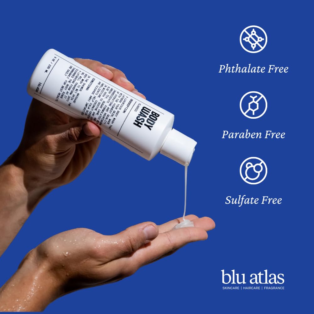 Blu Atlas body wash features green tea, sugarcane, and aloe vera for moisture.