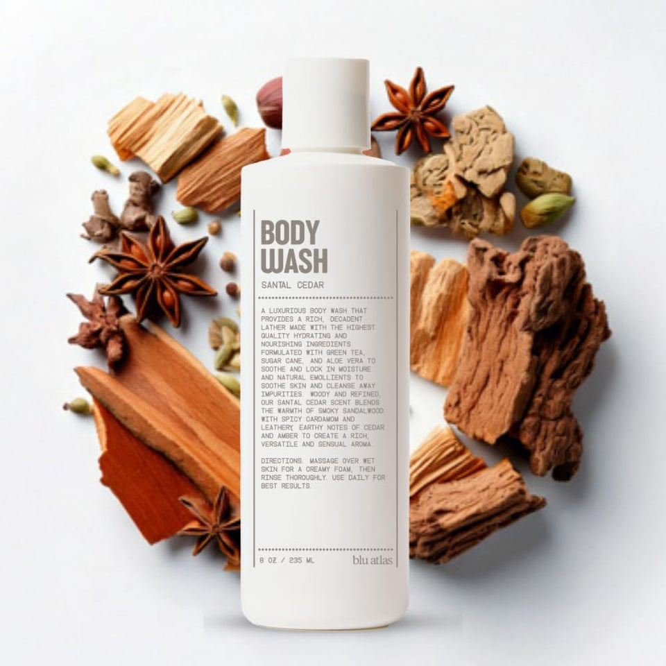 Blu Atlas body wash bottle with Santal Cedar scent for a hydrating cleanse.