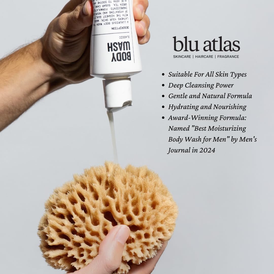 Close-up of rich lather forming on skin with Blu Atlas Body Wash.