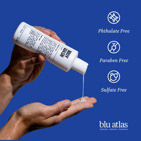 Blu Atlas Body Wash sugarcane and aloe visuals emphasize natural moisture