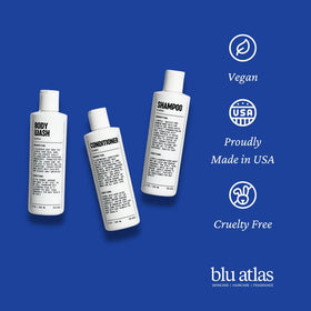 Blu Atlas conditioner hair closeup reveals soft shine and healthy texture