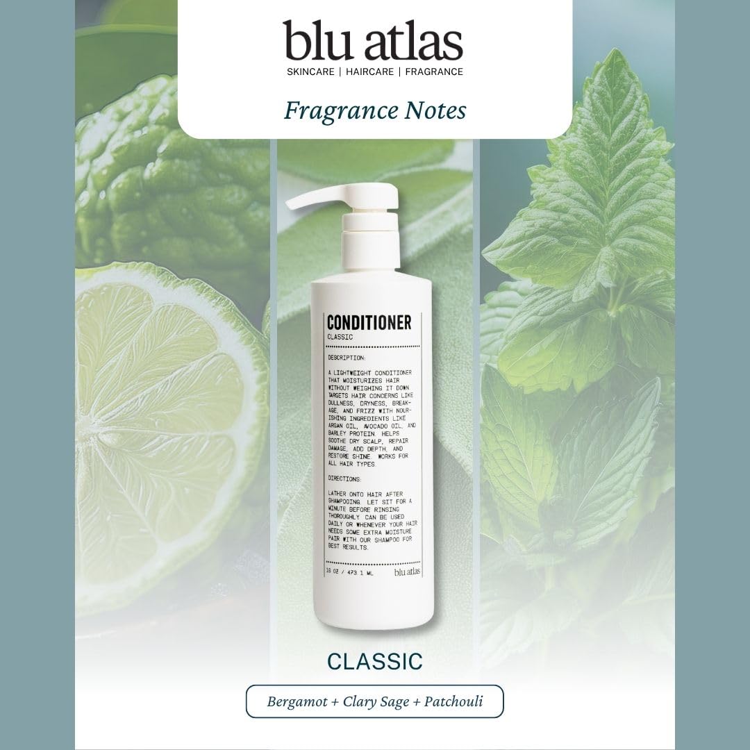 Blu Atlas conditioner bottle signaling made in USA vegan cruelty free production.