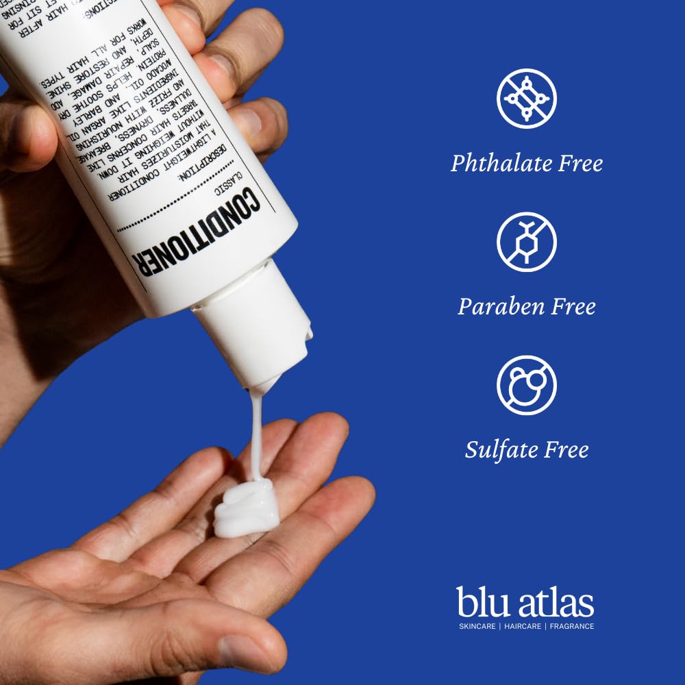 Blu Atlas sulfate free formula promoting gentle cleansing and conditioning for sensitive scalps.