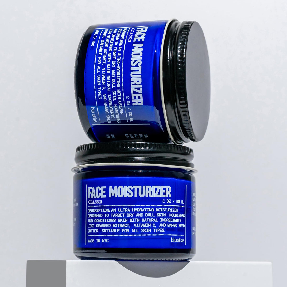 Blu Atlas Hydrating Face Moisturizer packaging emphasizes vegan formula and American-made quality.