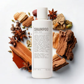 Blu Atlas Men's Natural Shampoo bottle close-up with Santal Cedar scent for daily cleansing.