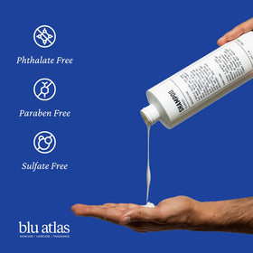Blu Atlas ingredients panel shows jojoba oil and aloe vera