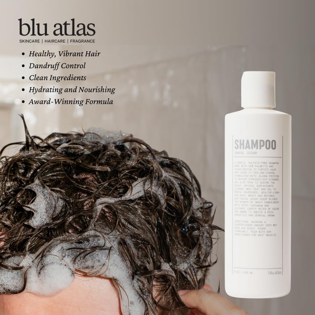 Blu Atlas Men's Natural Shampoo pour action illustrates gentle cleansing for sensitive scalps.