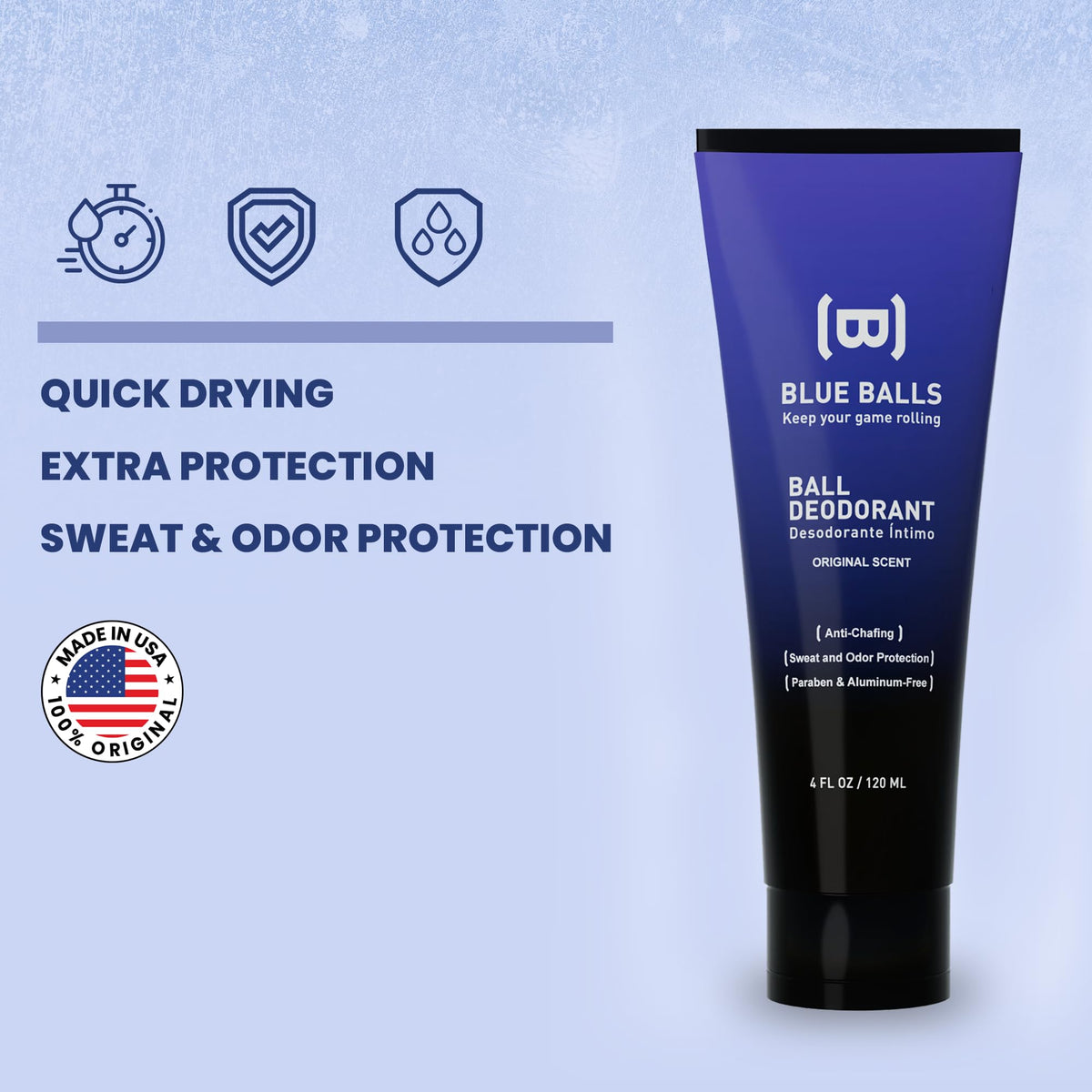 Blue Balls paraben-free label signals a clean care option