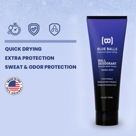 Blue Balls paraben-free label signals a clean care option