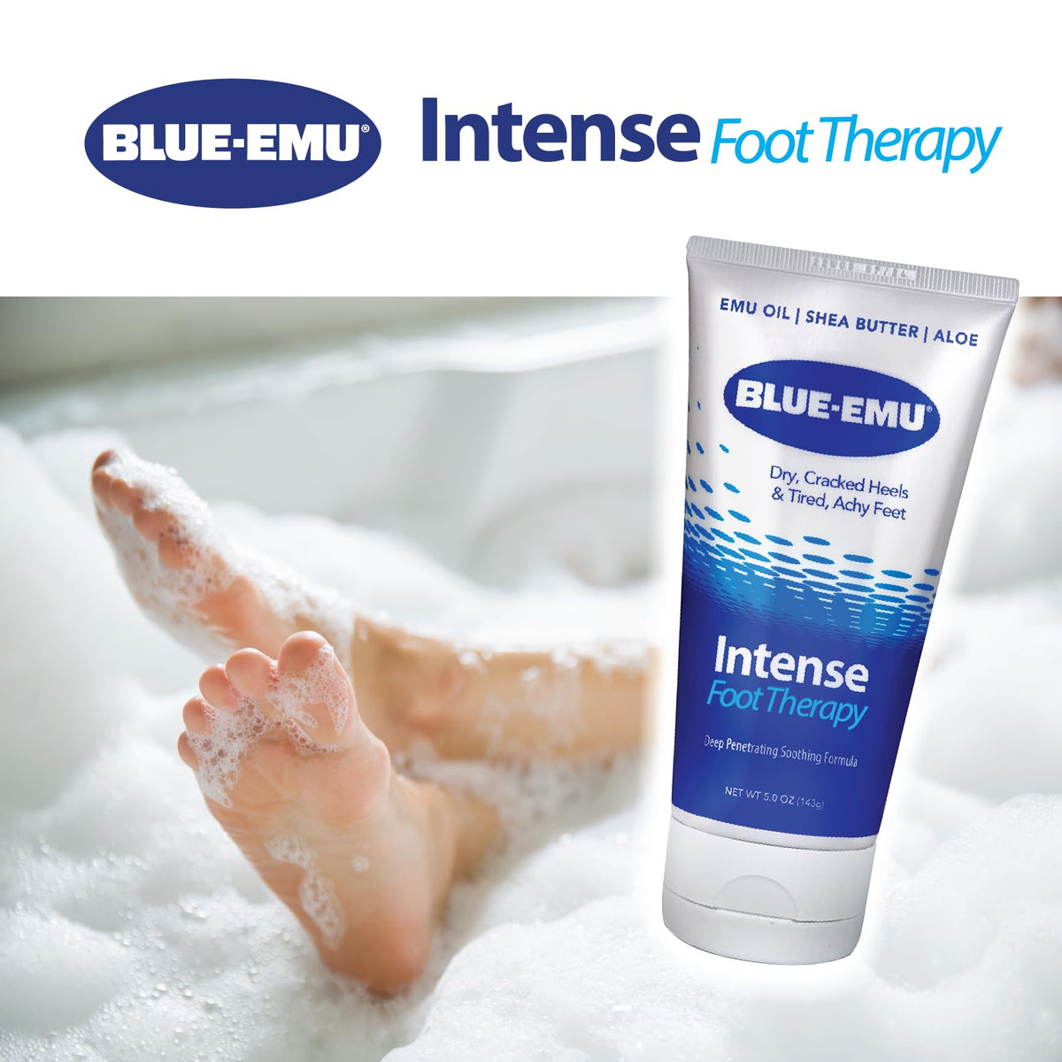 BLUE-EMU Foot Therapy Cream with aloe and shea butter provides daily moisture.