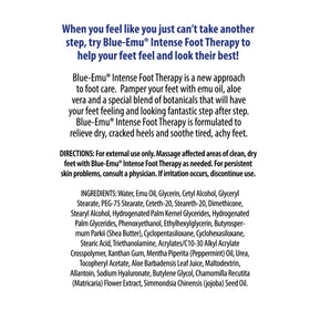 BLUE-EMU Intense Foot Therapy Cream label closeup showing USA-made hydration formula.