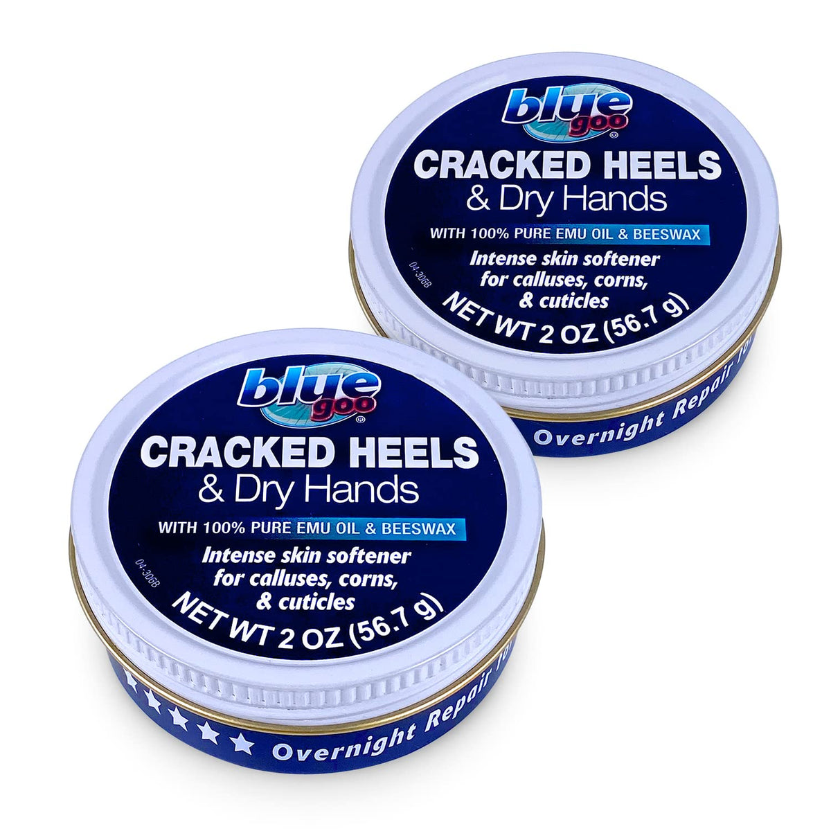Blue Goo cracked heels jar showing relief for dry, cracked skin on feet and hands