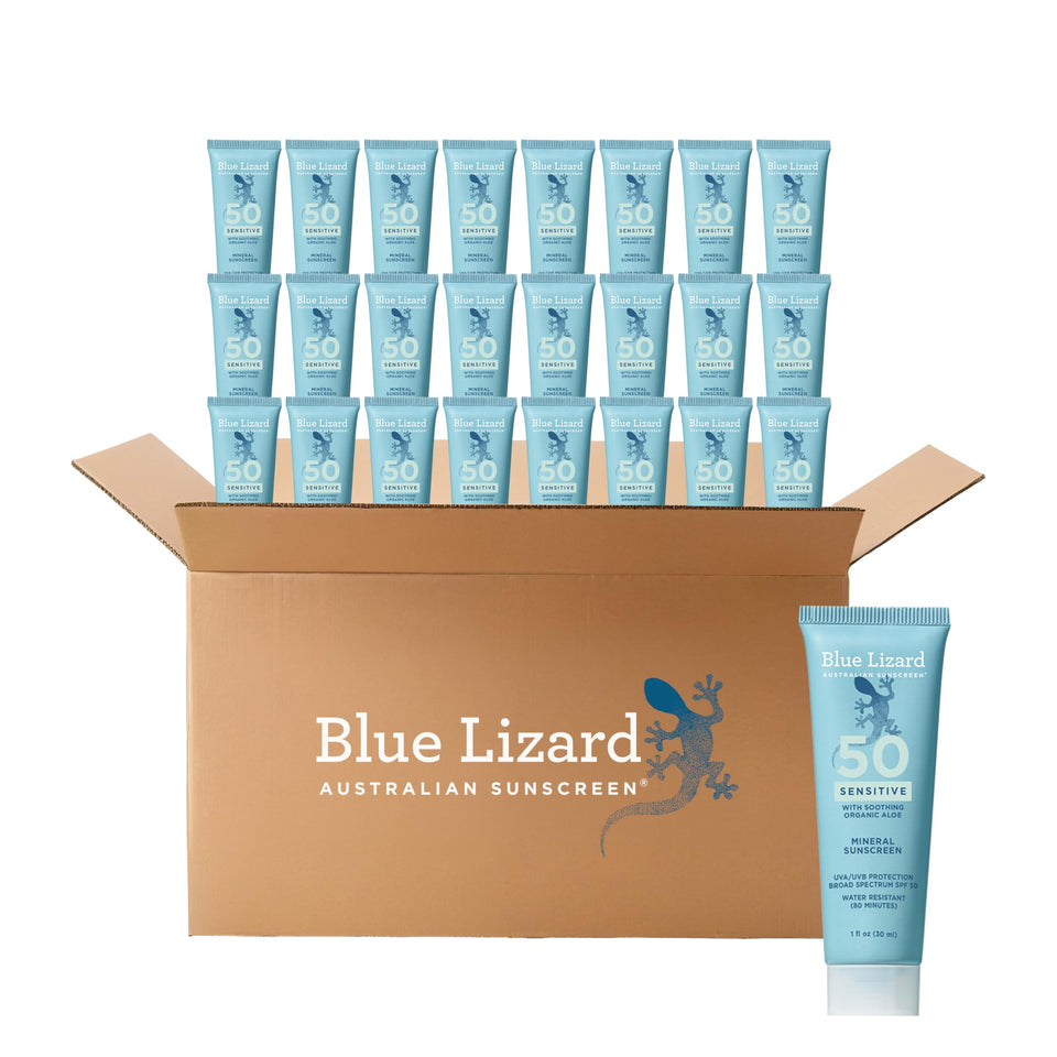 Blue Lizard Sensitive Mineral SPF 50 lotion front view with mineral actives.