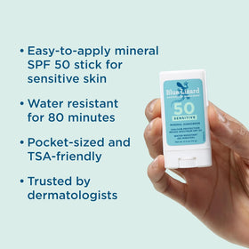 Blue Lizard SPF50+ Sensitive Stick applied to body for reliable coverage.