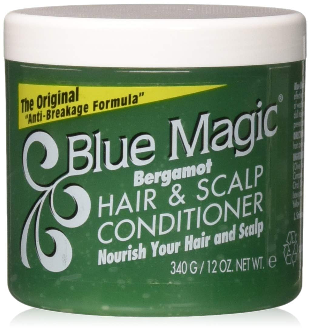 Blue Magic Bergamot conditioner bottle for smooth, hydrated hair