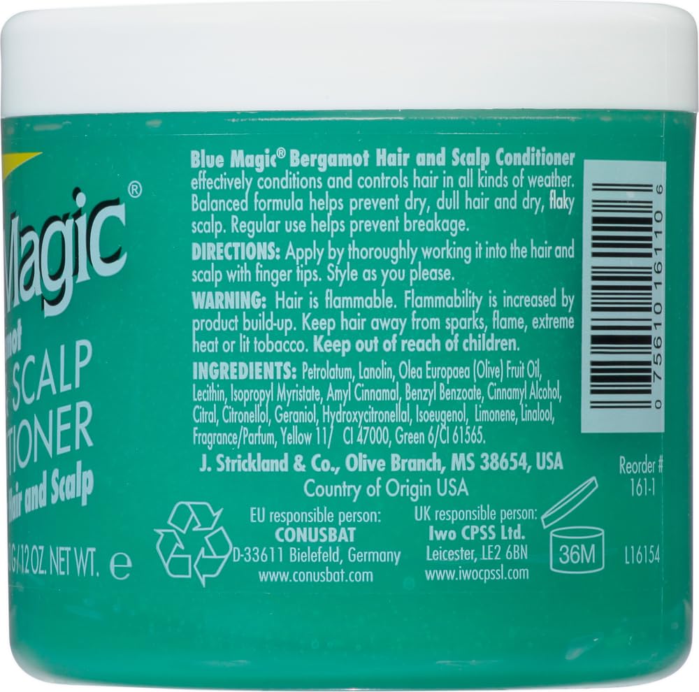 Blue Magic Bergamot conditioner jar with easy-open lid for quick use
