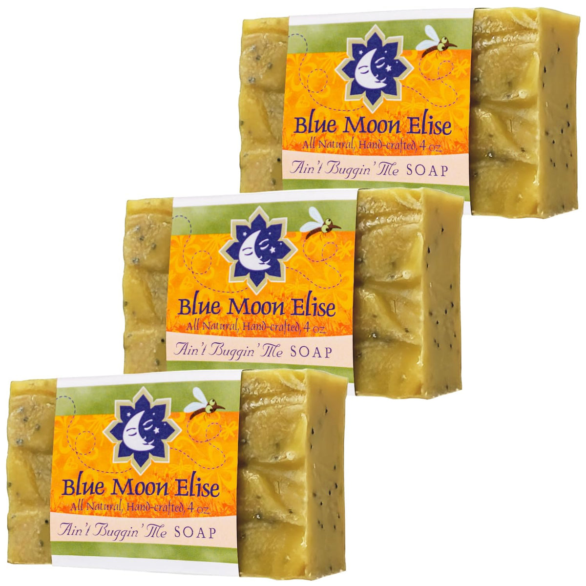 Blue Moon Elise Ain't Buggin Me Citronella Soap close-up bar highlighting natural essential oils for outdoor protection.