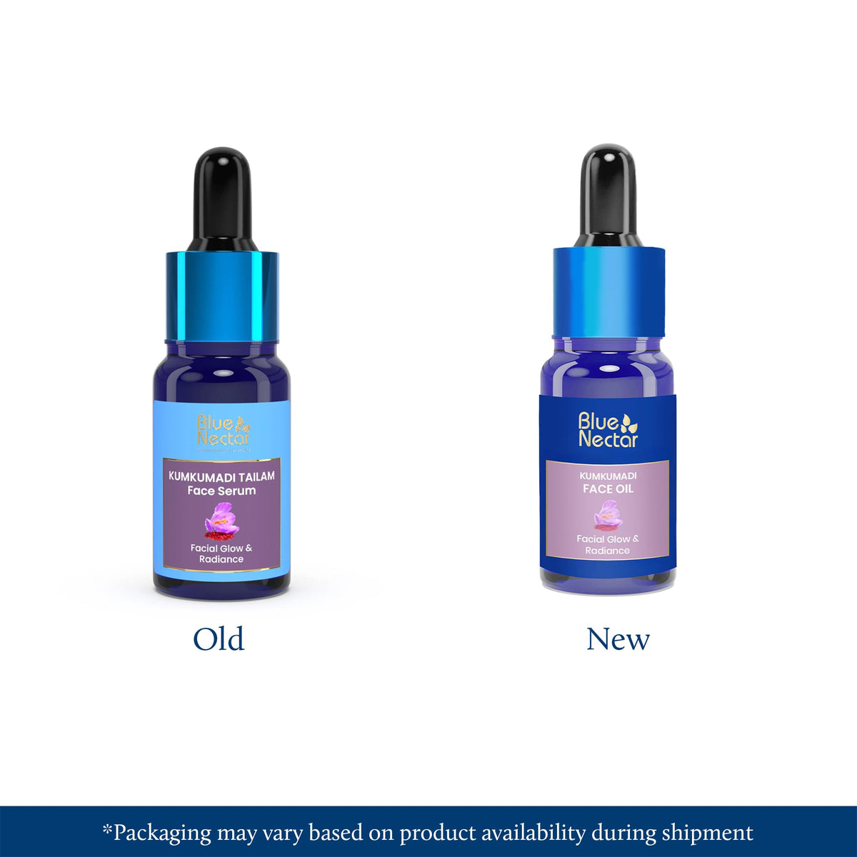 Blue Nectar Kumkumadi Oil heritage formula suggests balanced nourishment for all skin.