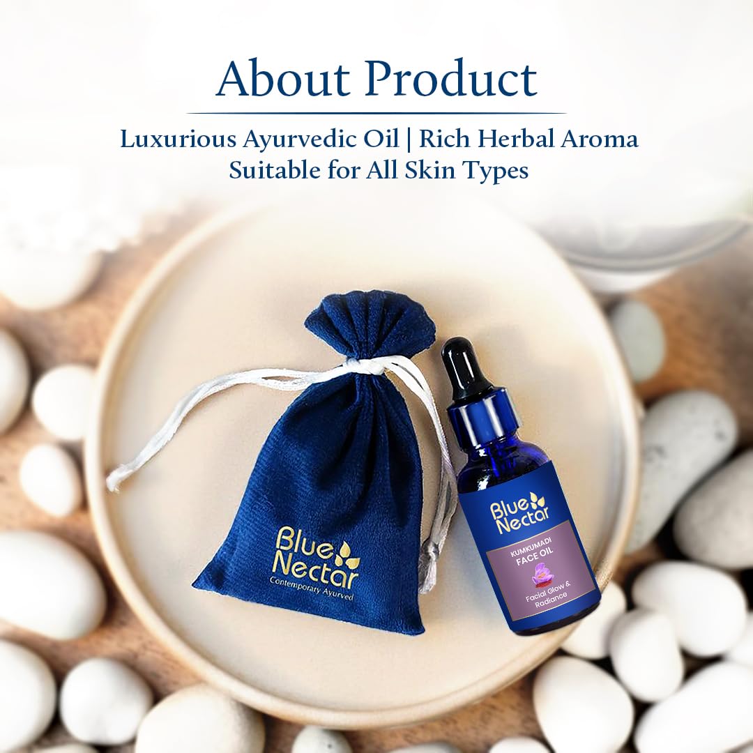 Blue Nectar Kumkumadi Oil packaging showcases premium Ayurvedic formula.