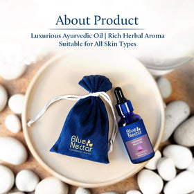 Blue Nectar Kumkumadi Oil packaging showcases premium Ayurvedic formula.