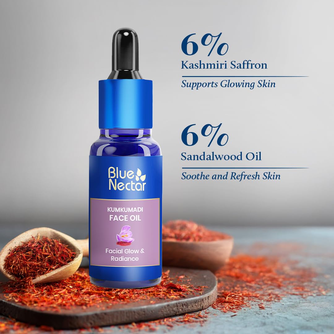 Blue Nectar Kumkumadi Oil close-up texture shows silky serum ready to absorb.