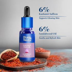 Blue Nectar Kumkumadi Oil close-up texture shows silky serum ready to absorb.